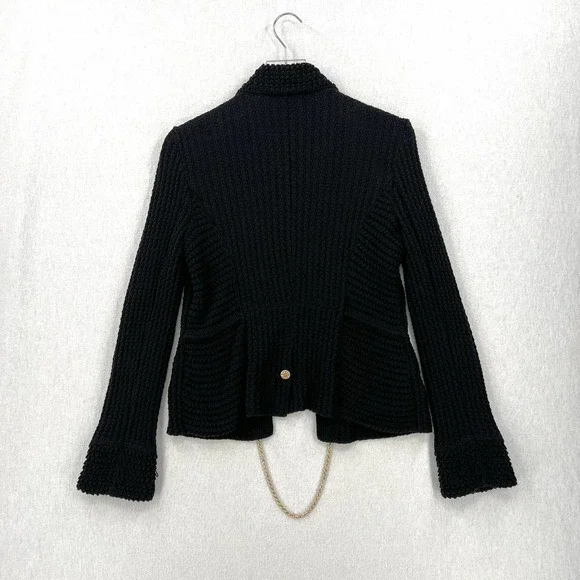 CHANEL 2010 Sweater Womens 34 Black Chain Details Open Cardigan Cotton Chunky - Picture 5 of 16